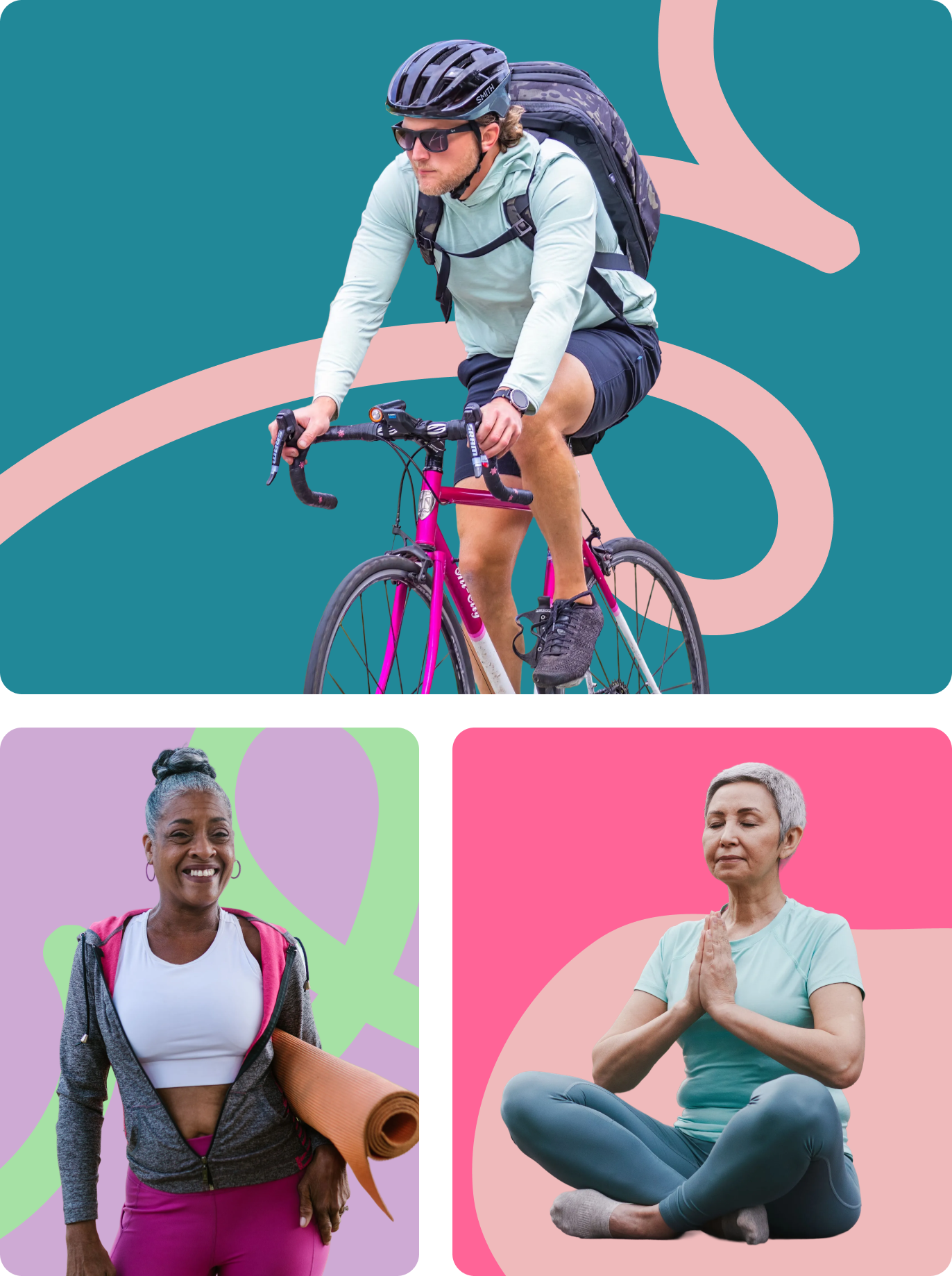 A cyclist riding outdoors, a woman carrying a yoga mat, and a woman meditating