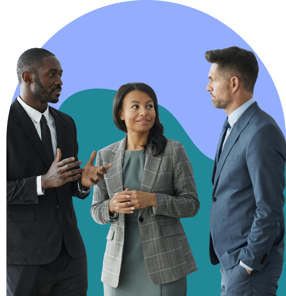 Three professionals in business attire talking together