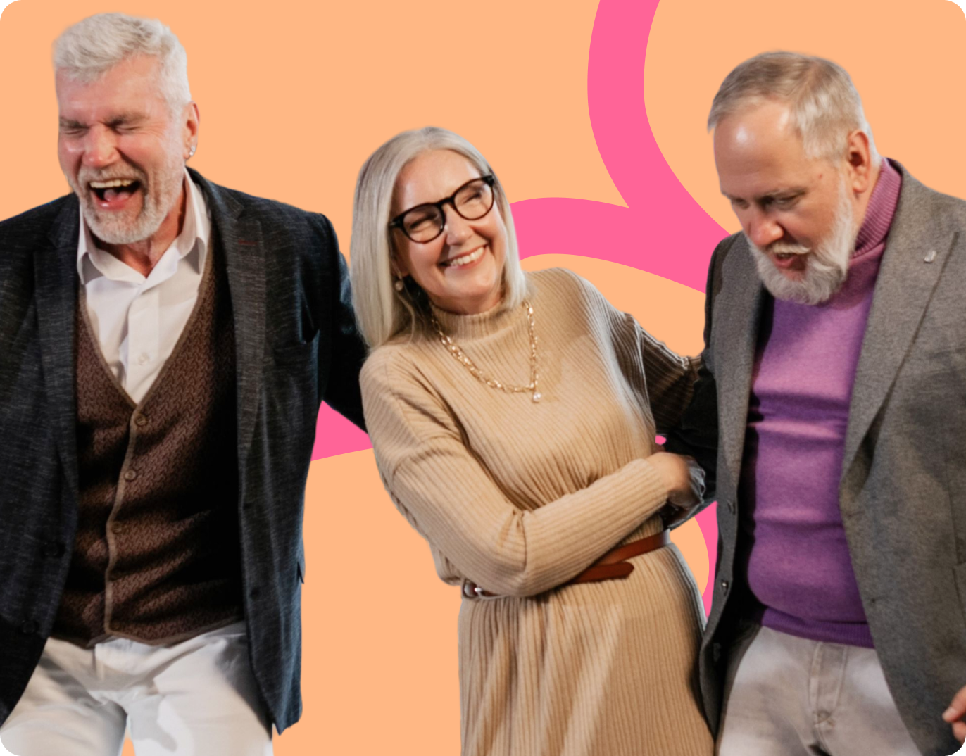 Three smiling older adults walking arm in arm