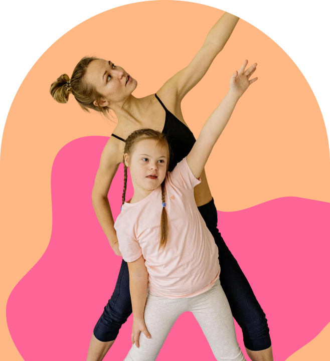 A mother and daughter stretching together at home