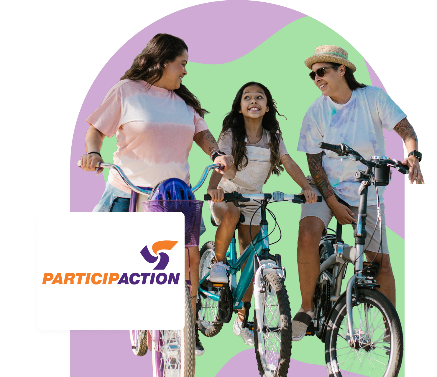 A family riding bikes together, with the ParticipACTION logo