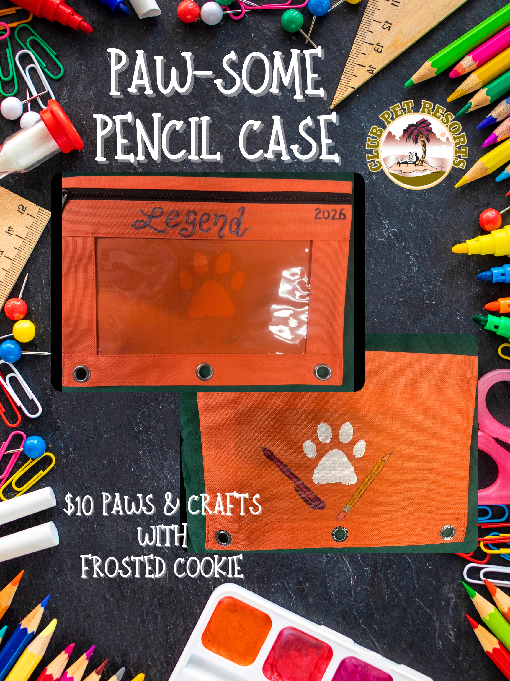 Paw print stamped pencil holder with a pen and pencil painted on and your pet's name