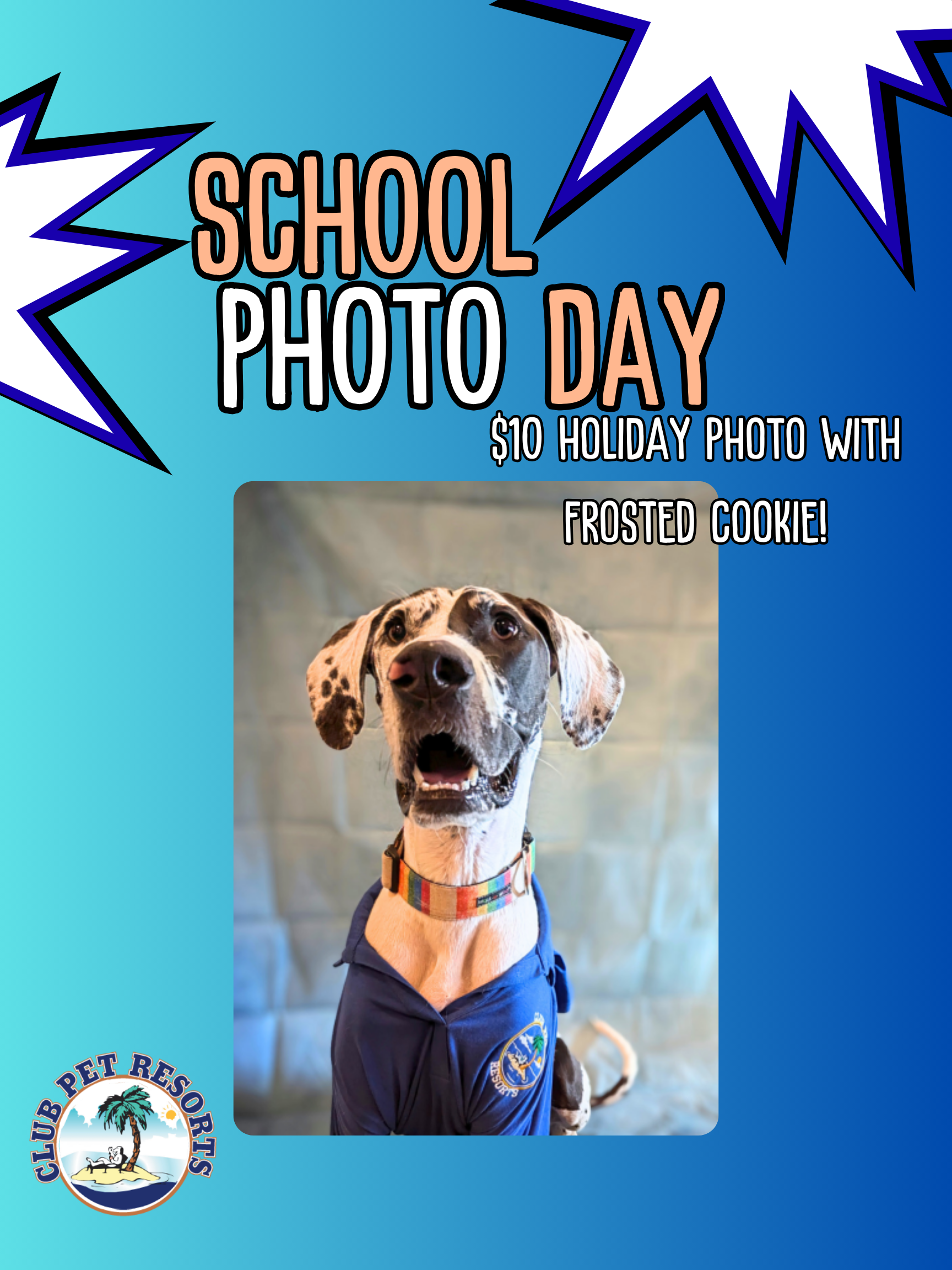 Dog in a polo shirt with the Club Pet logo posed for a yearbook photo