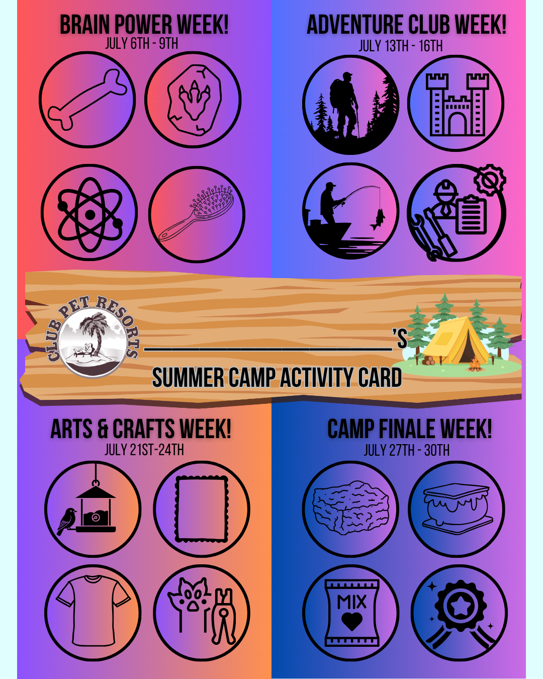 Club pet summer camp badge tracker listed by week