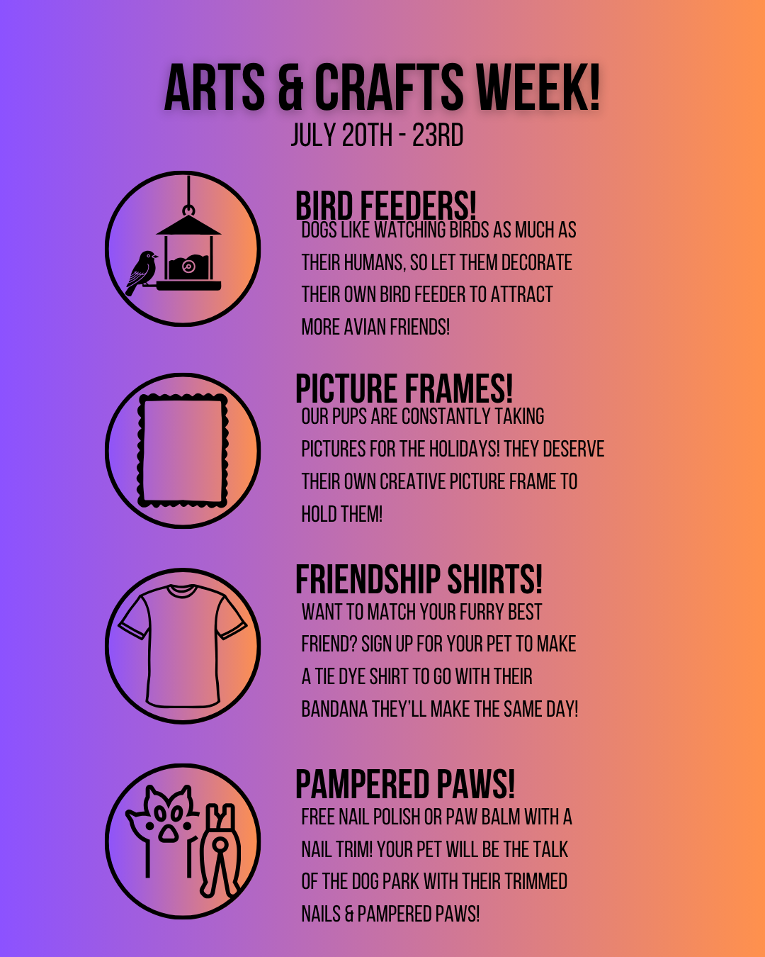 Arts & crafts week flyer with detailed descriptions of the four event days