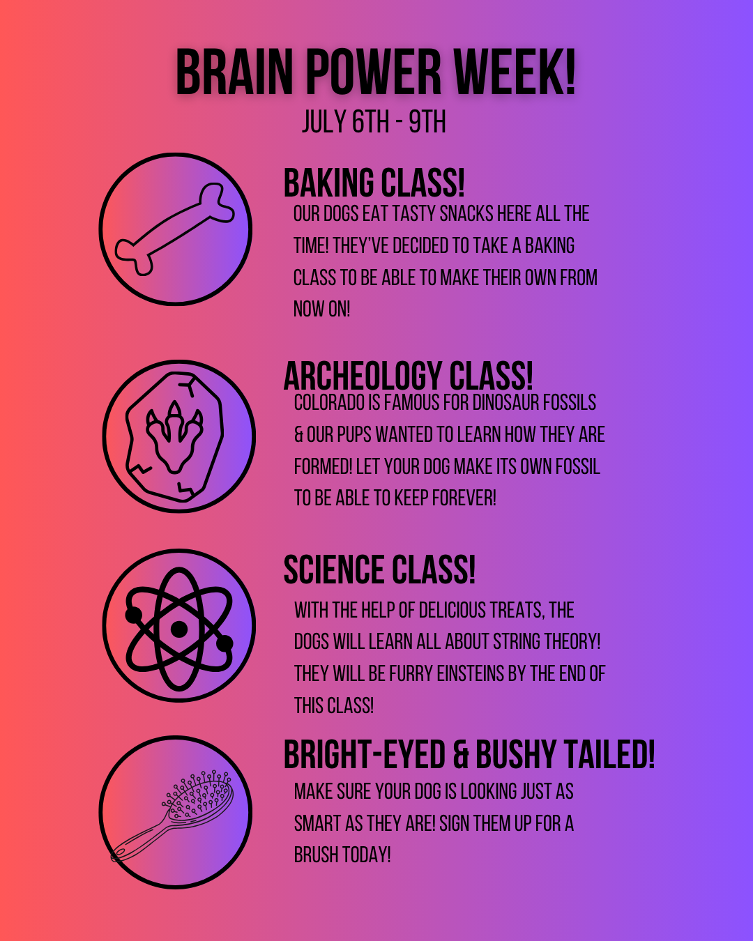 Brain power week flyer with detailed descriptions of the four event days