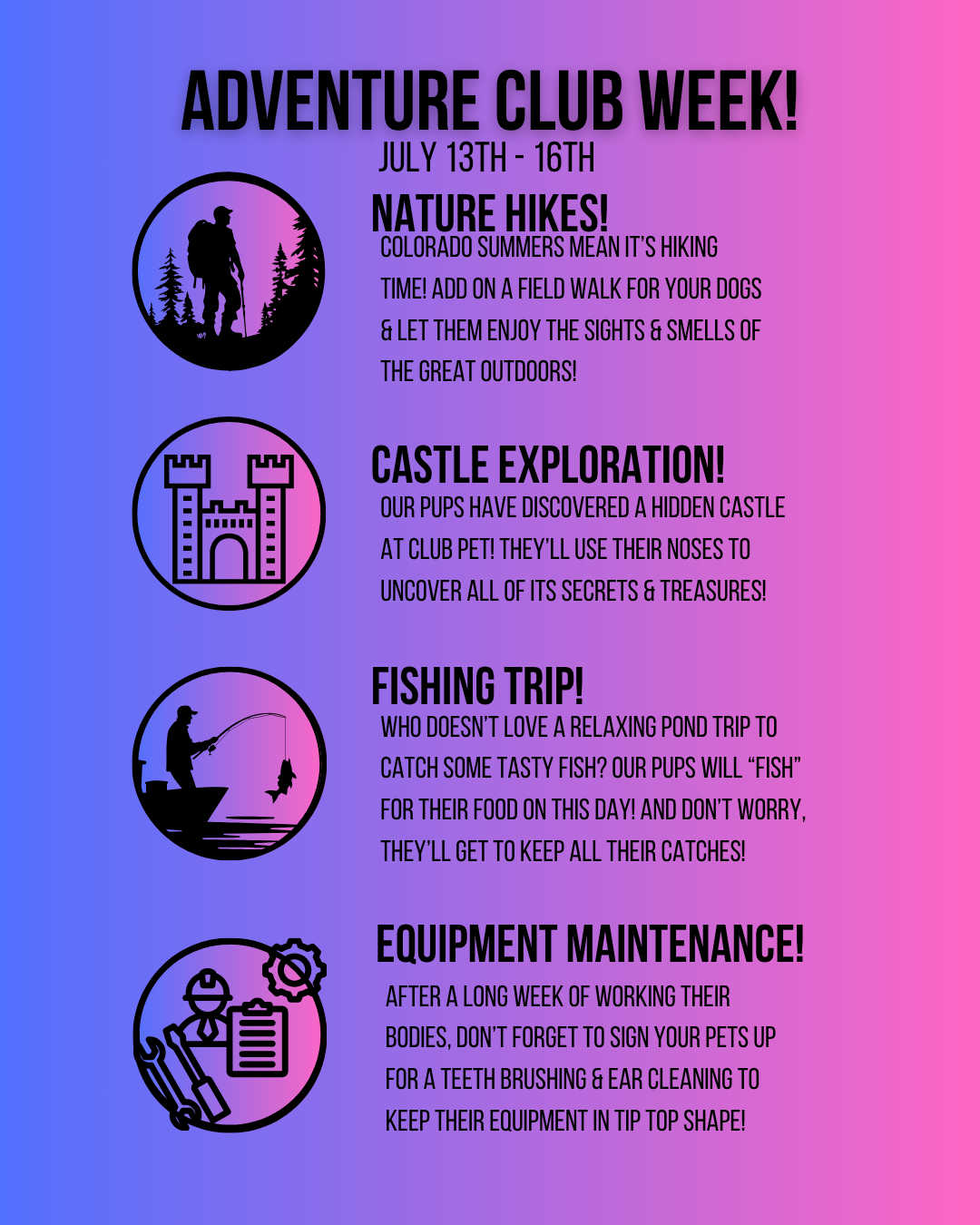 Adventure club week flyer with detailed descriptions of the four event days