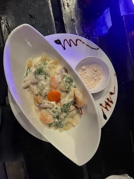 Shrimp pasta for the dinner at The Experience Surf Camp Bocas del Toro