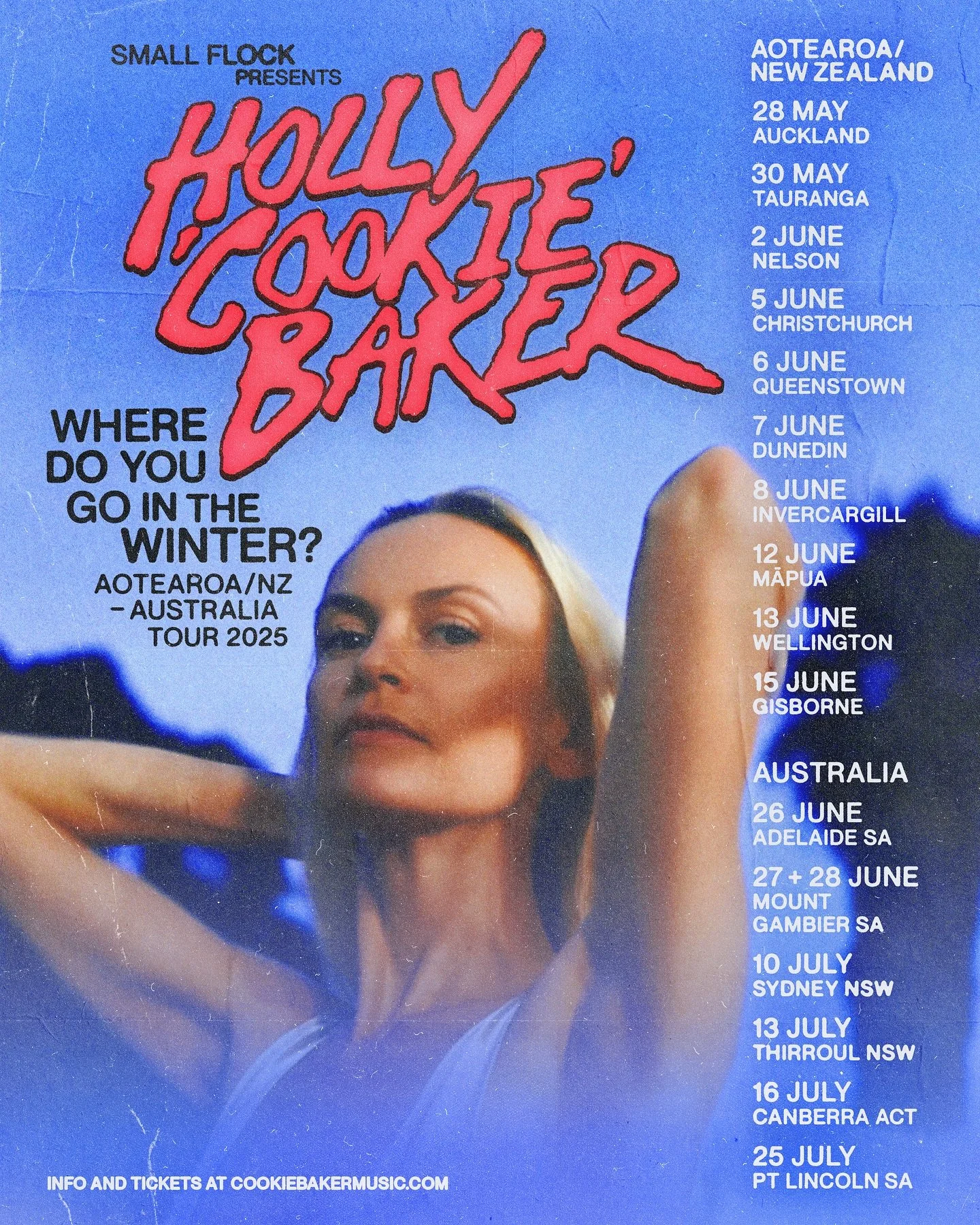 After a five-year hiatus from touring, @cookiebakermusic is making a triumphant return to the stage with her 17-date Where do you go in the Winter? Aotearoa/New Xealand and Australian Tour ❄️&thinsp;
&thinsp;
The Journey kicks off on May 28th, get yo