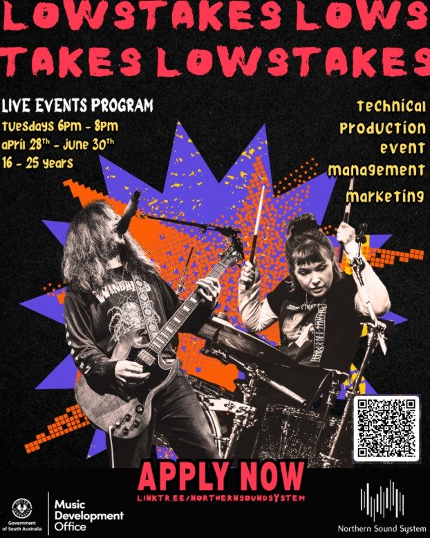 Super excited to be involved in @northernsoundsystem's Low Stakes Program in Term 2 🤘

I will be working with the marketing stream and assisting them in curating and delivering their own music event alongside the tech production and event management