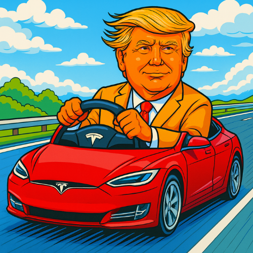 A cartoon image of Trump driving a toy Tesla pedal car. Taken from Donald's Bestie Sleepover: Funny Coloring for Adults and a great Gift this holiday season