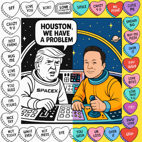 Cartoon image of Trump and Musk in a space ship. Trump is saying "Houston we have a problem". Taken from Donald's Bestie Sleepover: Funny Coloring for Adults and a great Gift this holiday season