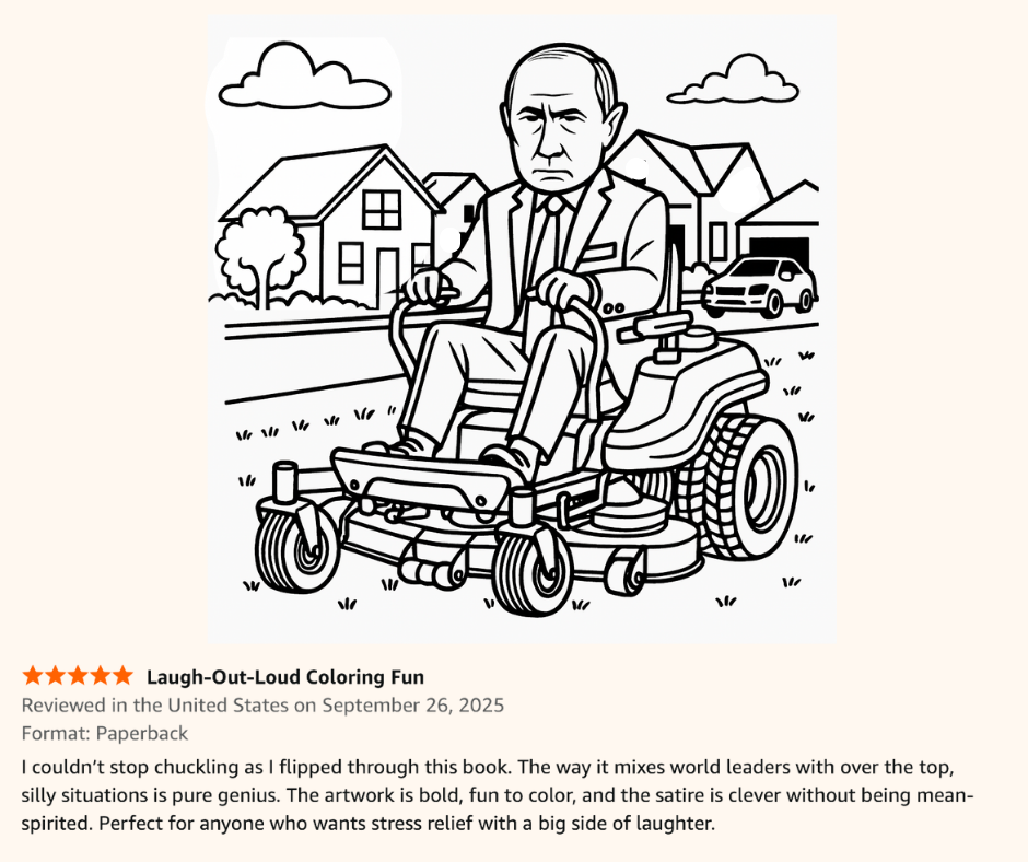 Black and white coloring page of a serious man in a suit riding a lawn mower in a suburban neighborhood with houses and trees in the background.