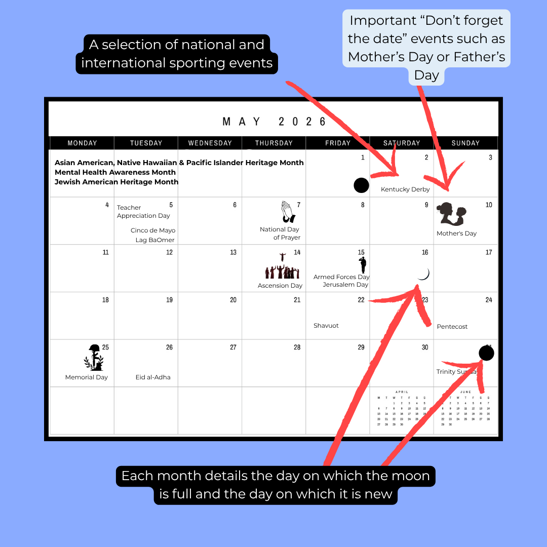 A calendar for May 2026 highlighting national and international sporting events, including Kentucky Derby on May 1, and Mother's Day on May 10. It notes important dates like Teacher Appreciation Day, Cinco de Mayo, Lag BaOmer, and religious holidays 