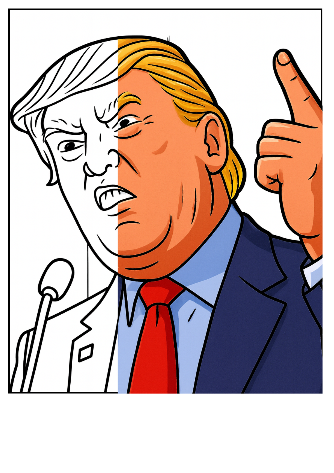Split image of Donald Trump – one half black-and-white colouring page, one half coloured pop-art – promoting free printable sample pages from Donald’s Bestie Sleepover parody colouring book.