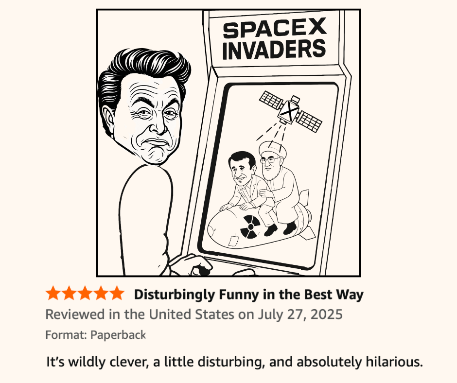 A cartoon-style drawing of a man with a distorted face looking at a video game arcade cabinet titled 'SPACEX INVADERS'. Inside the game screen, two figures are riding a missile with a satellite overhead, and a nuclear symbol on the missile.