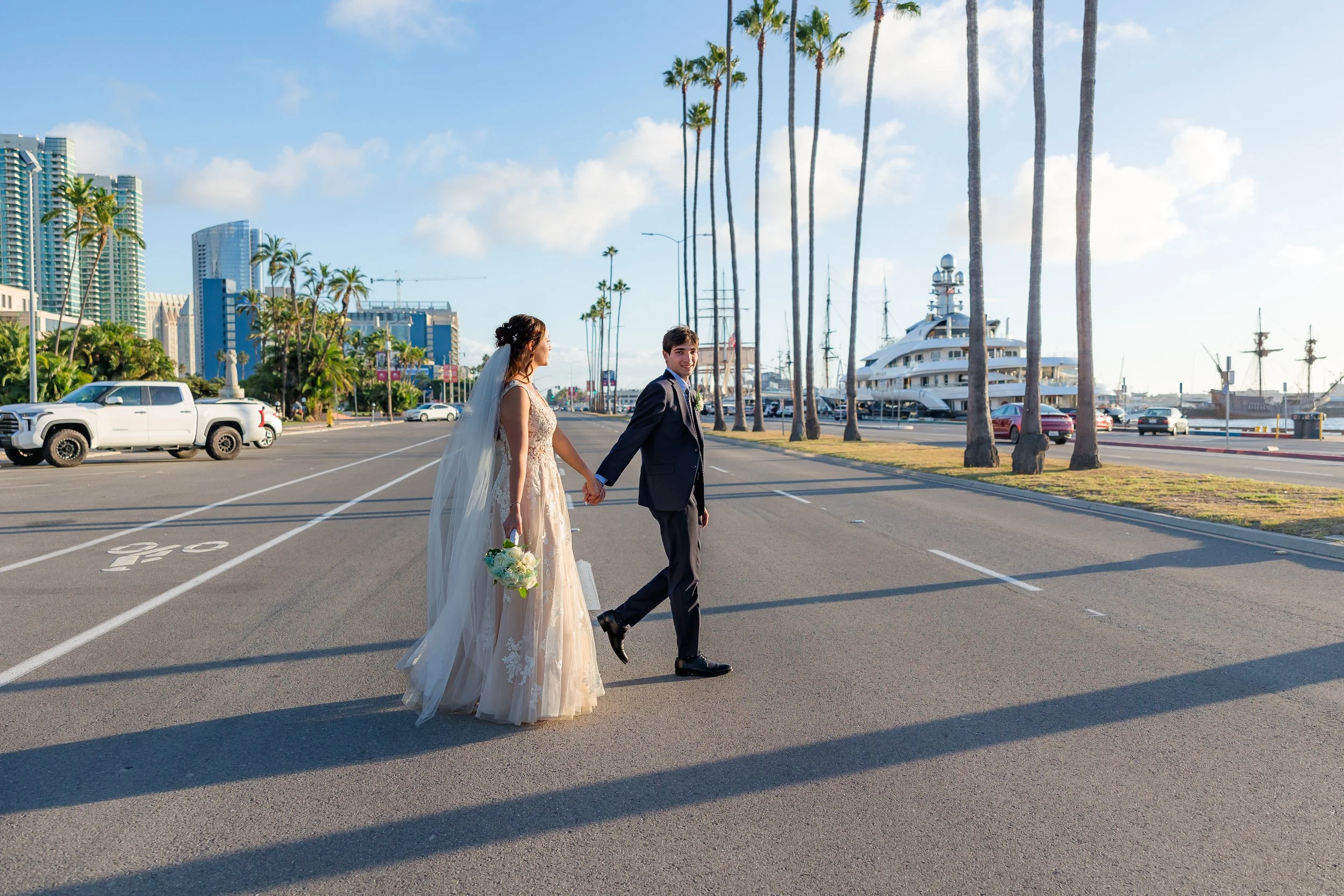 bride and groom downtown San Diego harbor
