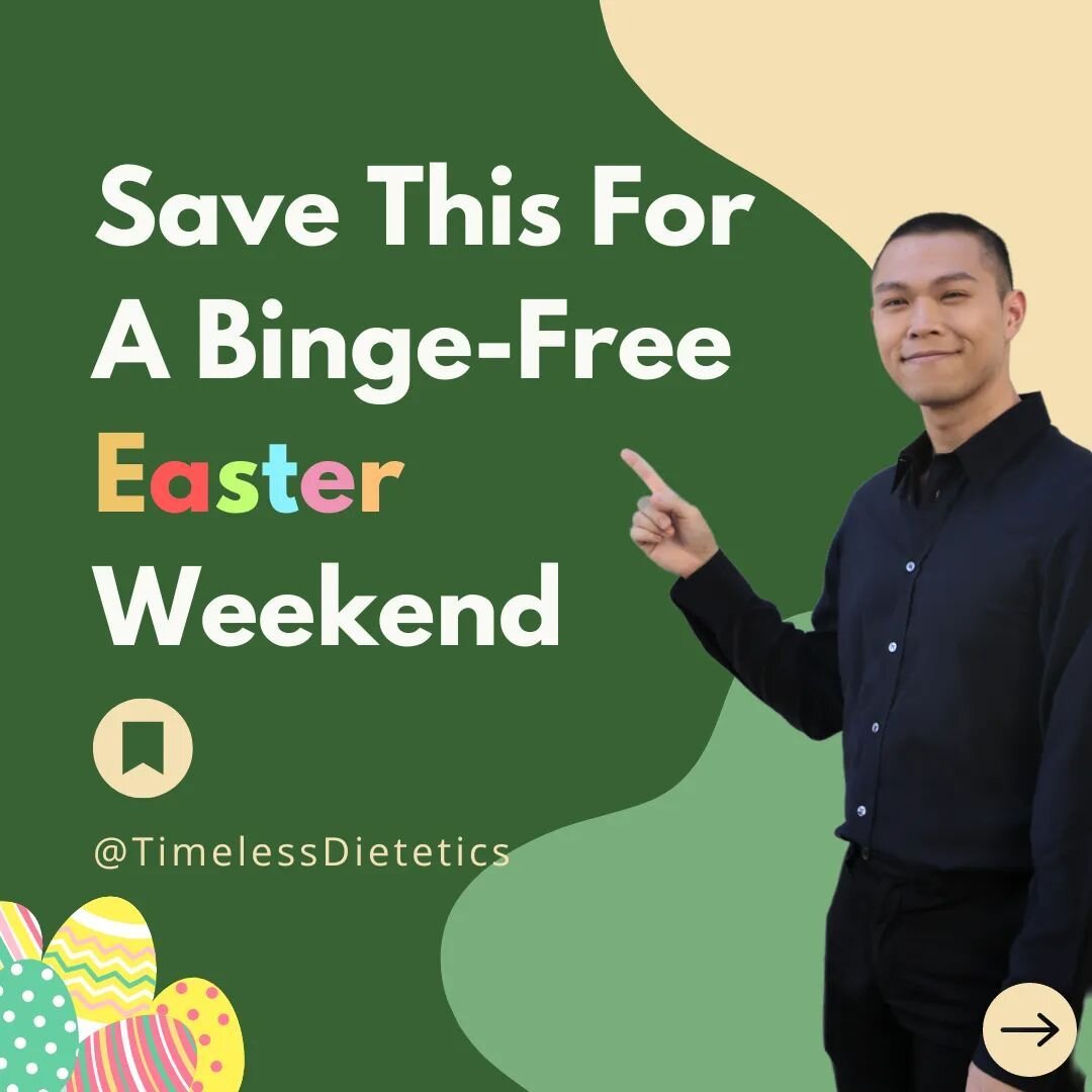 3 tips to reduce binge eating this Easter Weekend 
 
🌯Before the weekend: Stay calm and nourish with satisfying food 
🎂During the weekend: Tune in to your body and enjoy foods as your body desires 
🍝After the weekend: Be gentle on yourself and get