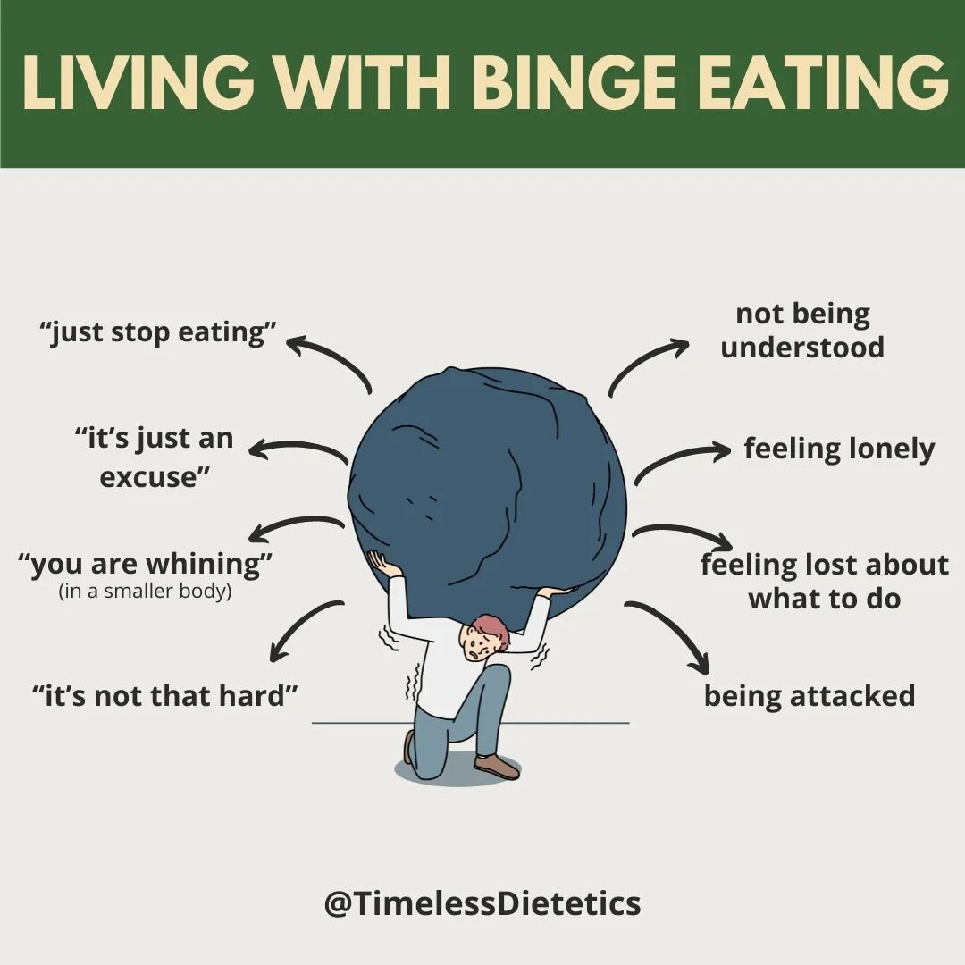 Binge eating is more than just a trouble of eating and appetite.🧐 
 
If you are living with binge eating... 
 
You are likely experiencing a tremendous amount of stigma daily, leaving you feeling lonely, helpless and even hopeless.😔 
 
I'm here to 