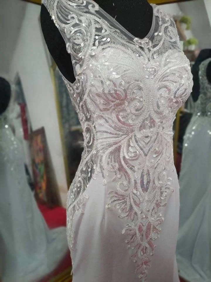 Order 215 Crepe Wedding Dress Illusion Neckline/Back and Side Panels with Beaded Custom Laces and Matching Veil