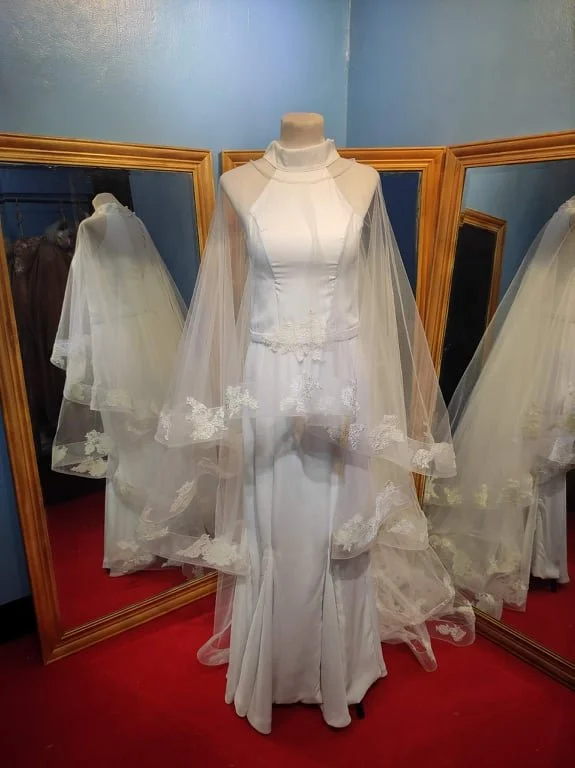 Order 218 Halter Neck Crepe Lace &nbsp;Wedding Dress with bridal Jacket &amp; Cape VeilThe Emma Gown