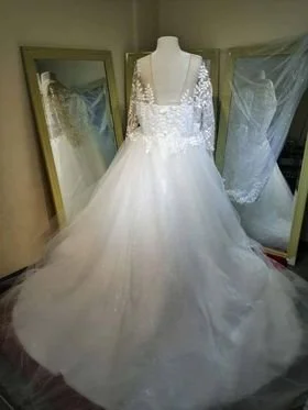Order 300 Princess Wedding Gown adorned with embroidered leaf laces and crystals, pockets and matching veil
