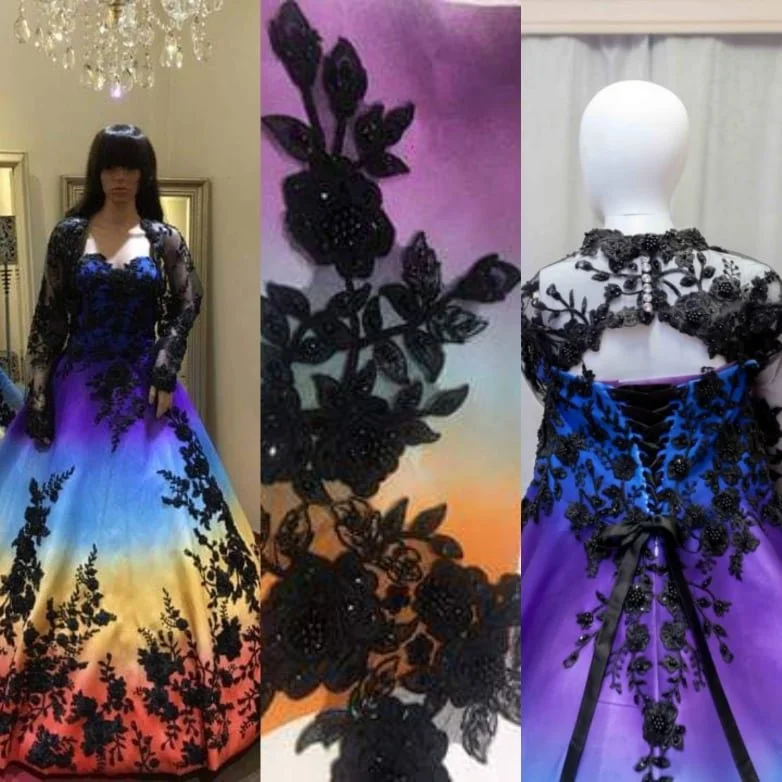 Order 136 Tie Dye Wedding Dress With Black Beaded Lace And Removable Lace Bolero and Matching Veil The Australian Outback Sunset Dress