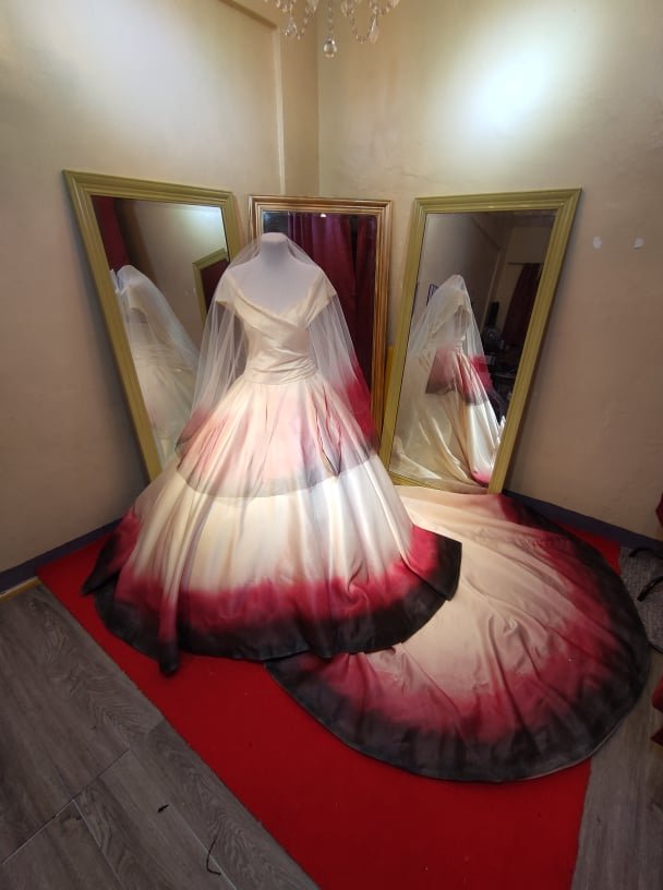 Order 281 Tie Dye Wedding Dress Red and Black (Love and Fire) with matching veil and pockets