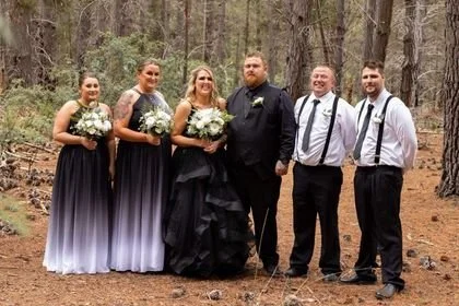 Order 311&nbsp; Black Lace and Ruffle Skirt Wedding Dress With Pockets, Matching Veil and Flower Girls Outfits designed for Bride Jay In Tasmania,