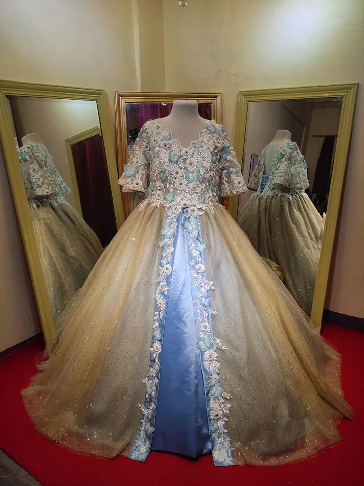 Order 242 The Anastasia Gold &amp; Blue Wedding Dress with Pockets and Hand Beaded 3d Laces and Butterfly’s with Crystals