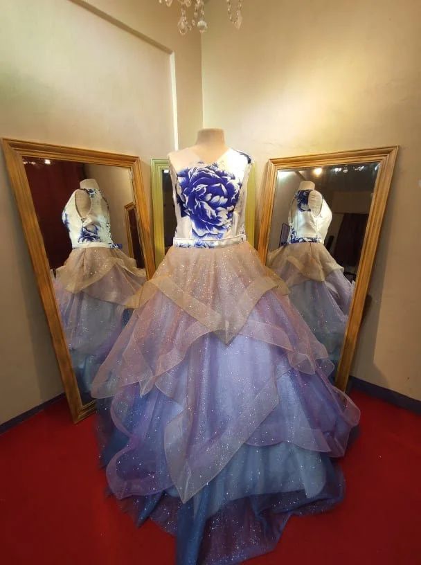 Order 243 Floral Themed Wedding Dress with Removable Ceremony Ruffle Skirt, with pockets/matching veil &amp; Reception Dress