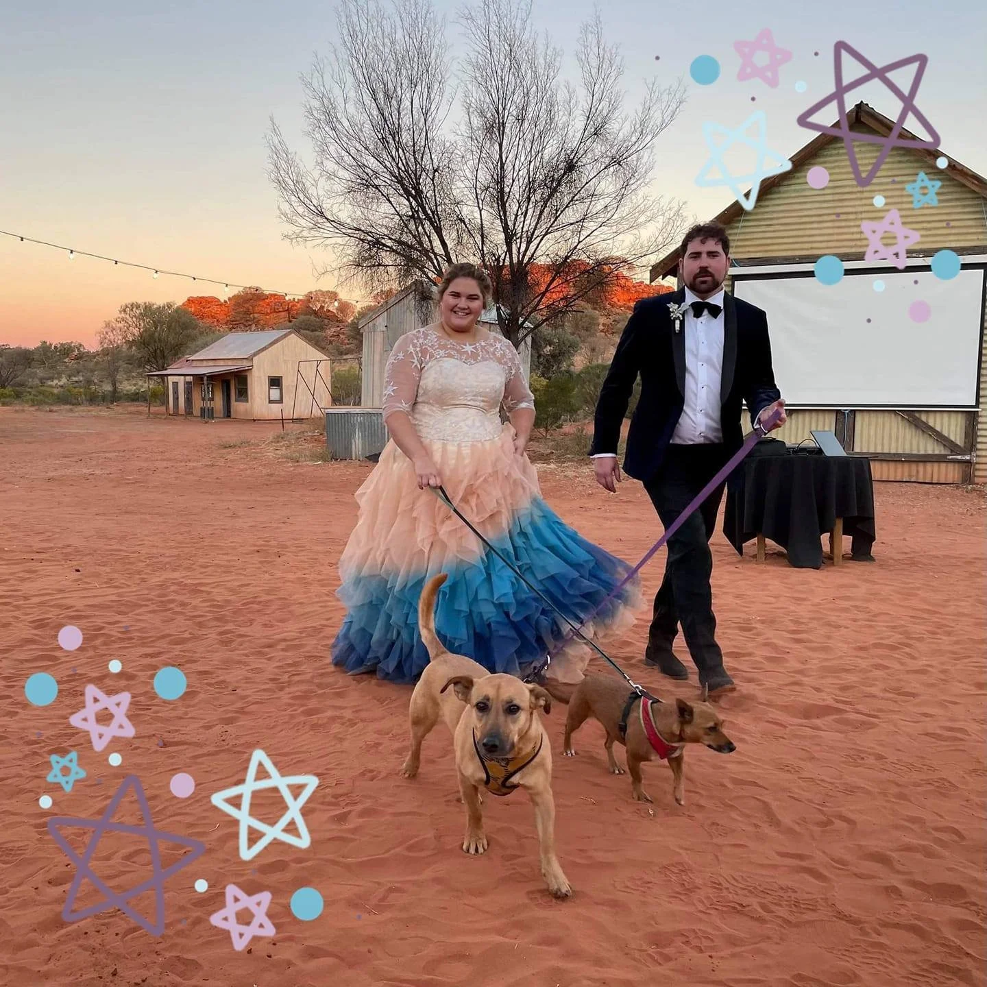 Order 291 Tie Dye Galaxy Star Wedding Dress Stars Under the Southern Cross Wedding Dress with Pockets and Matching Veil for Bride Teli in Alice Springs