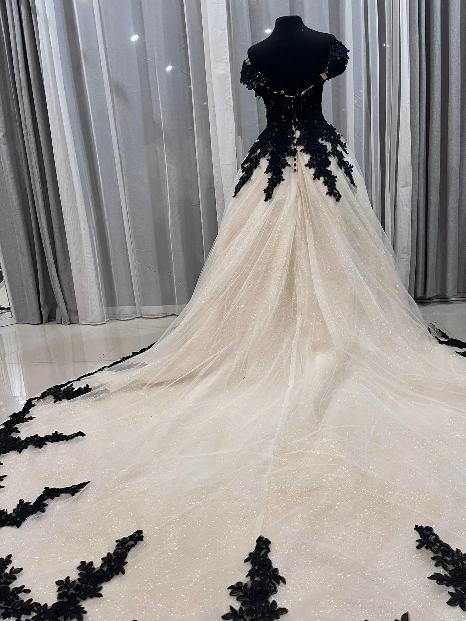 Order 420 Champagne and Black Lace Wedding Dress With Pockets and Matching Veil (21).jpg