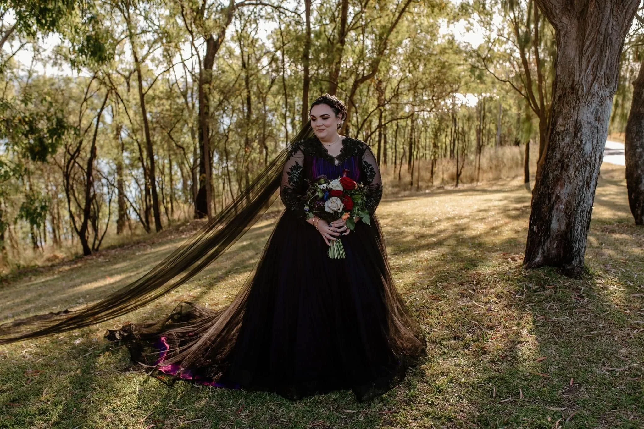 Order 346 Purple Black Wedding Dress With Pockets, Matching Veil and Flower Girl