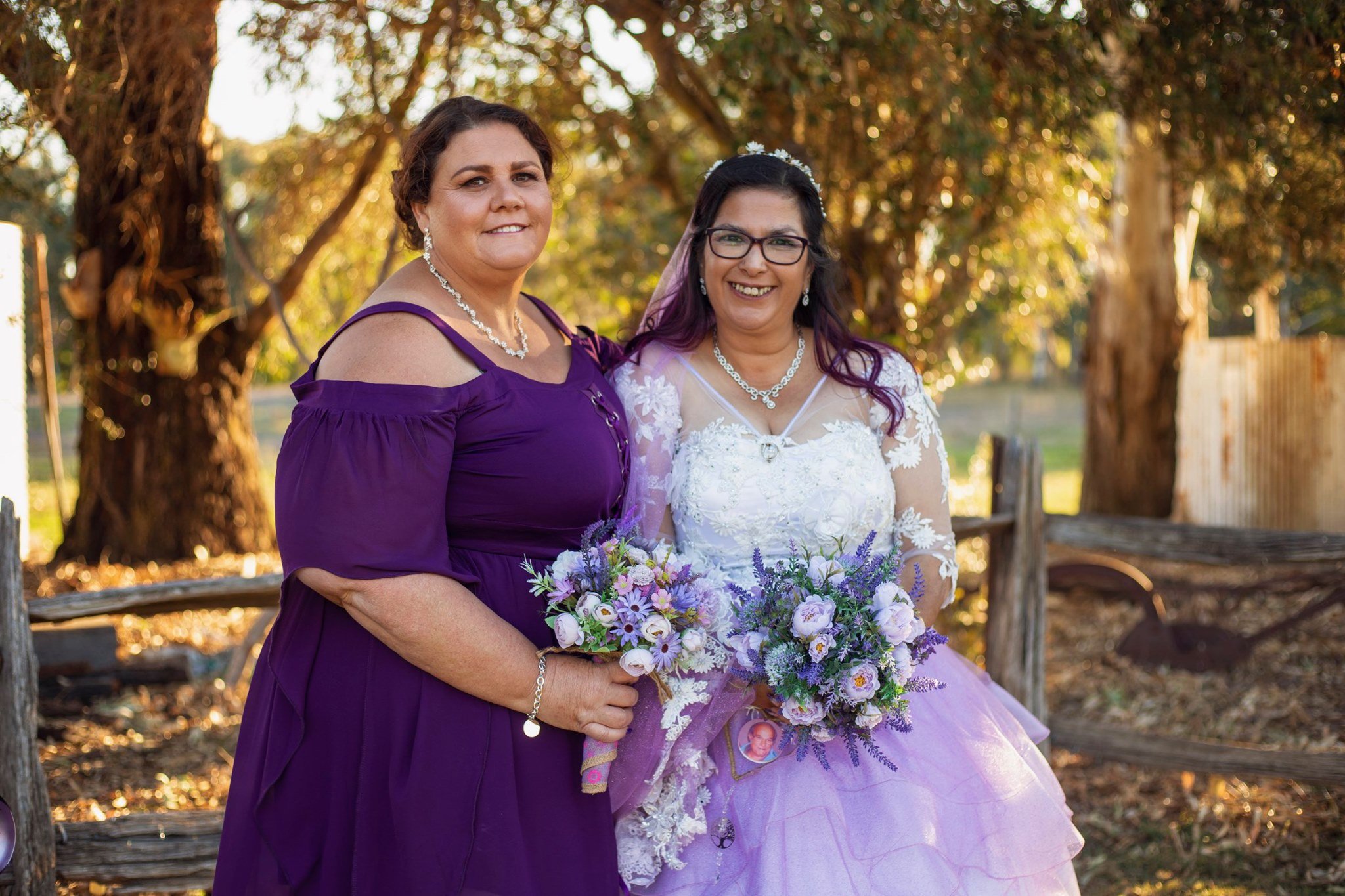 Order 273 Purple and White Ruffle Skirt Wedding Dress With Pockets and Matching Veil