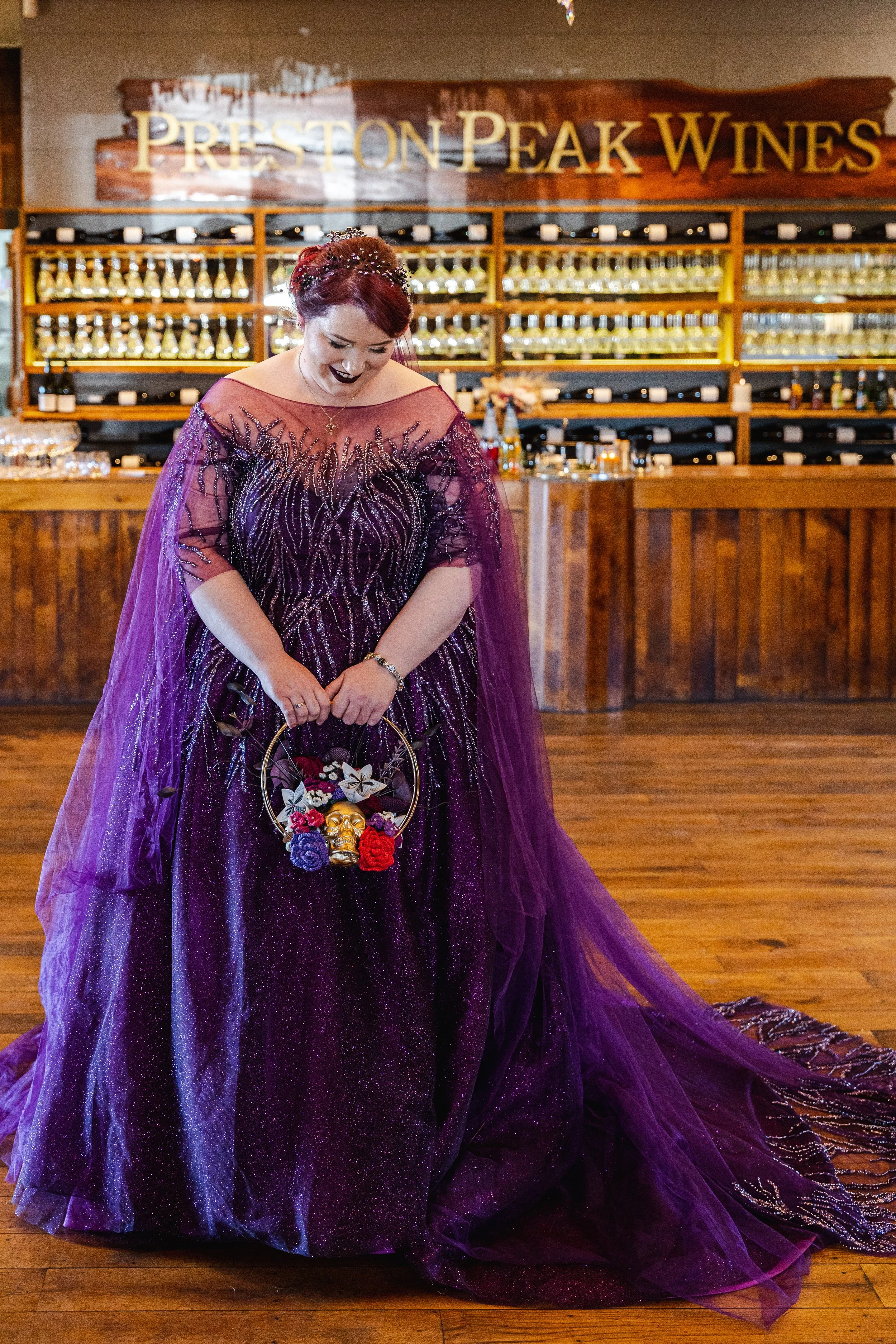 Order 424 Purple hand Beaded Fairy-tale Wedding Dress With Cathedral Veil, removable wingtip veil and pockets