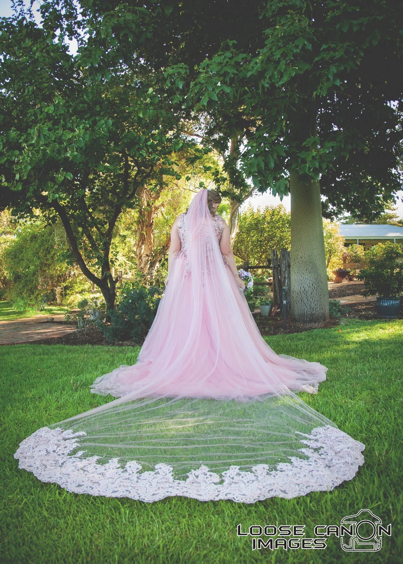 Order 107 Pink Wedding Dress “Pretty In Pink In The Australian Bush" made from Soft Tulle Hand Beaded With 3 D Laces, Matching Veil and Pockets