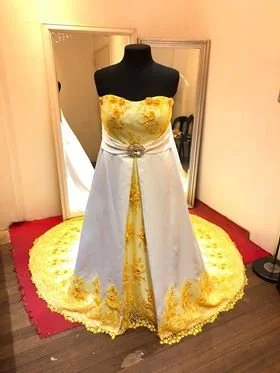 Order 110 White and Yellow Lace Crystal Wedding Dress "Cockatoos Around The Billabong" A BRIDE TO BE. DARE TO BE DIFFERENT Order 110 White and Yellow Lace Crystal Wedding Dress "Cockatoos Around The Billabong" A BRIDE TO BE. DARE TO BE DIFFERENT