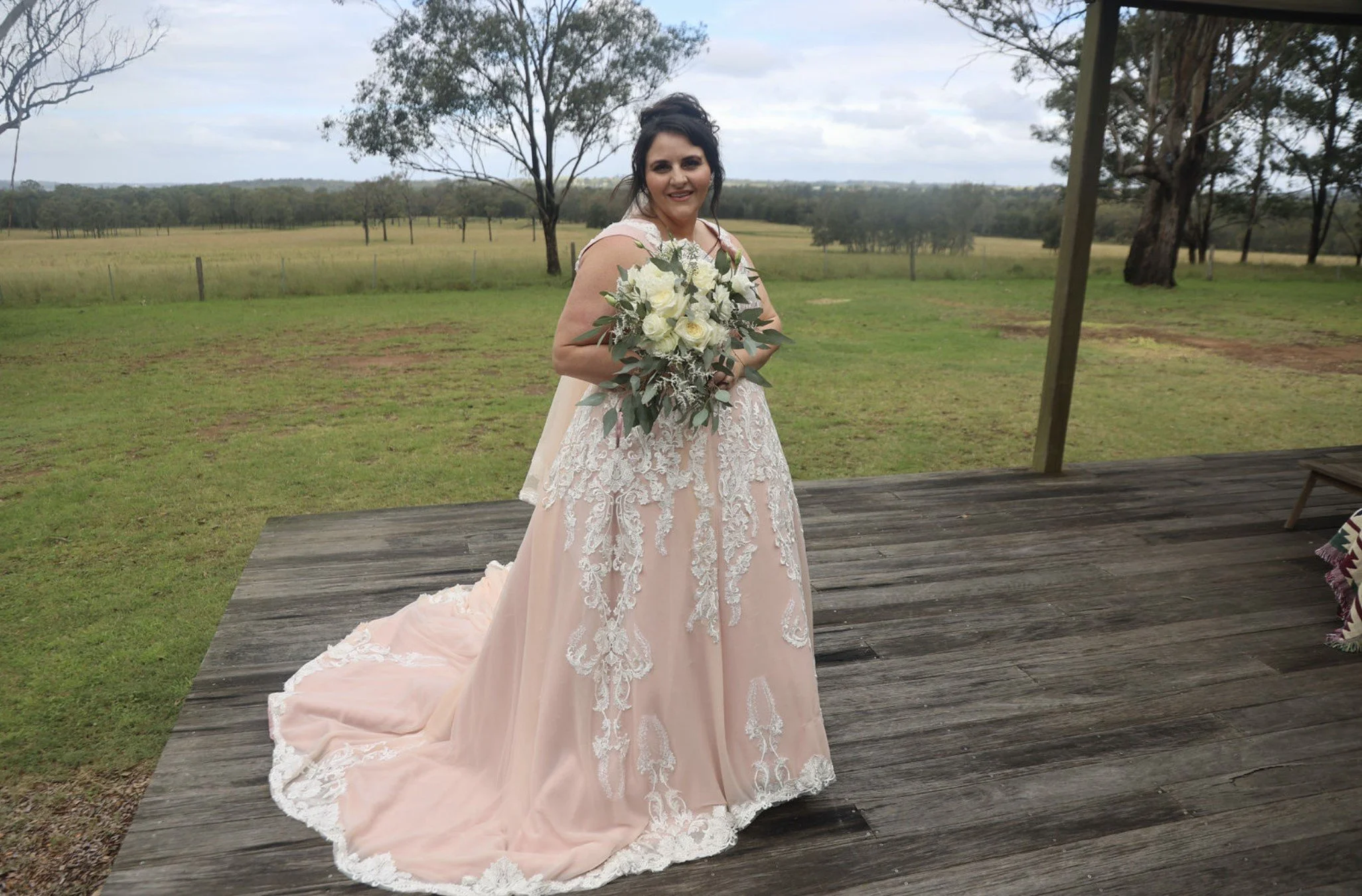 Order 317 Blush Wedding Dress with Pockets, Beaded Laces and Matching Veil