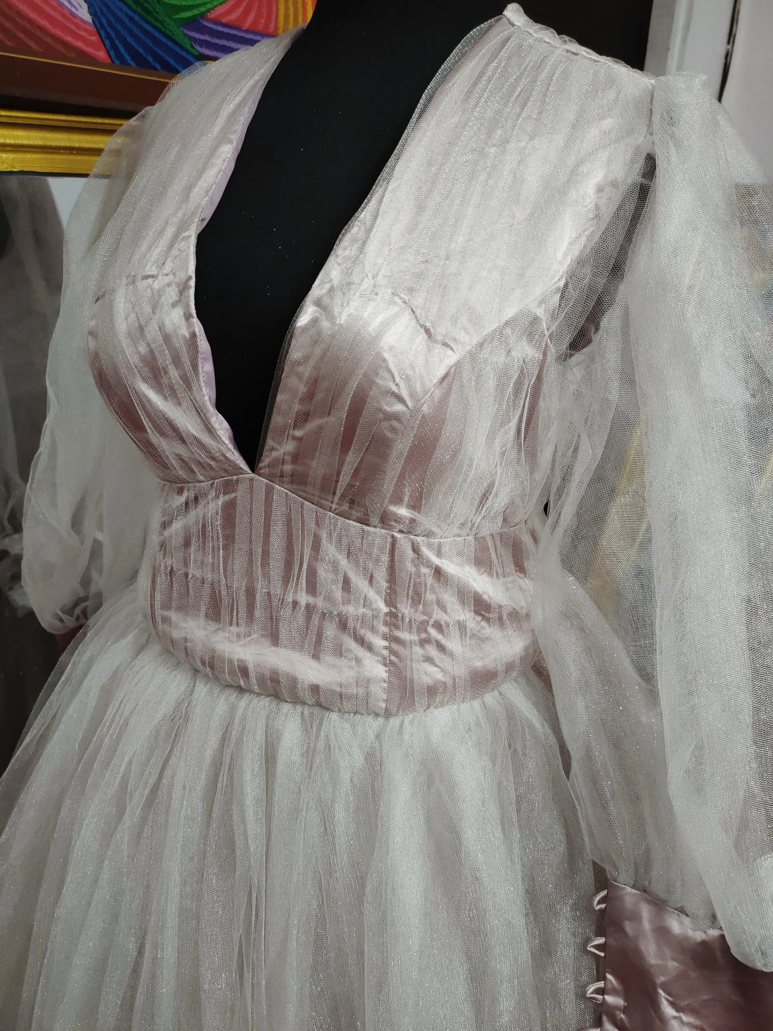 Order 342 Fairytale Silver Wedding Dress With Sleeves, Sparkle Made from soft Silk/Satin has Pockets and Matching veil