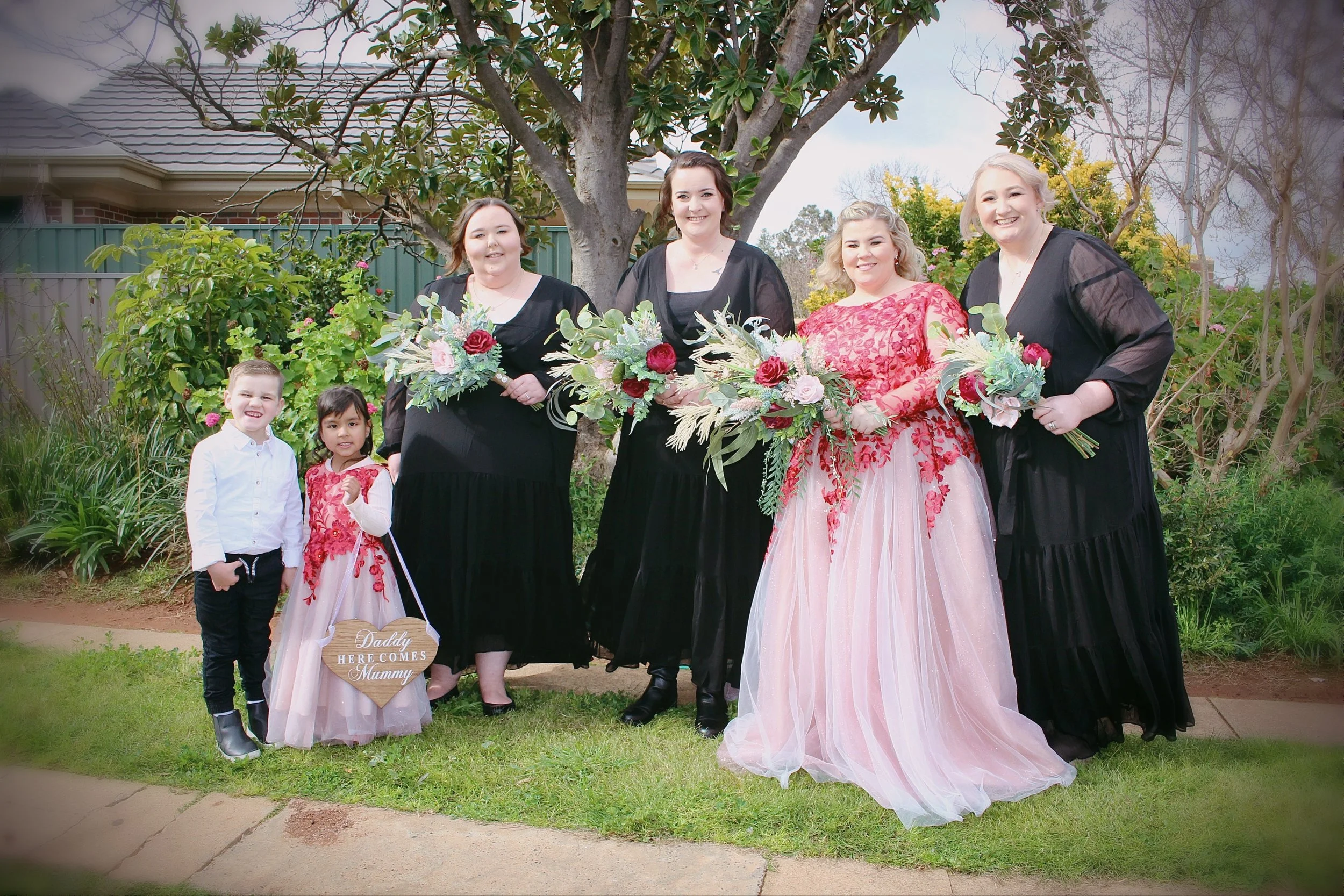 Order 263 Fairytale Floral Red, Blush Sparkle and White Wedding Dress with Matching Veil and Matching flower girl dress (sold Separately)