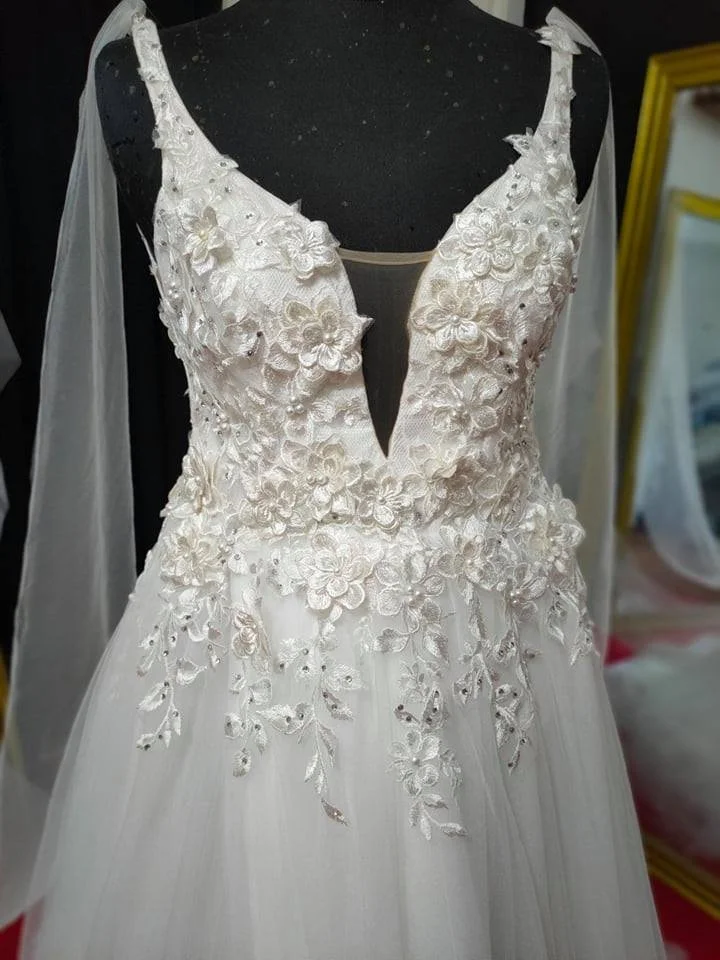 Order 310 Boho Leotard Floral Tulle Wedding Dress With Split and Removable Sleeves and Wingtip Veil