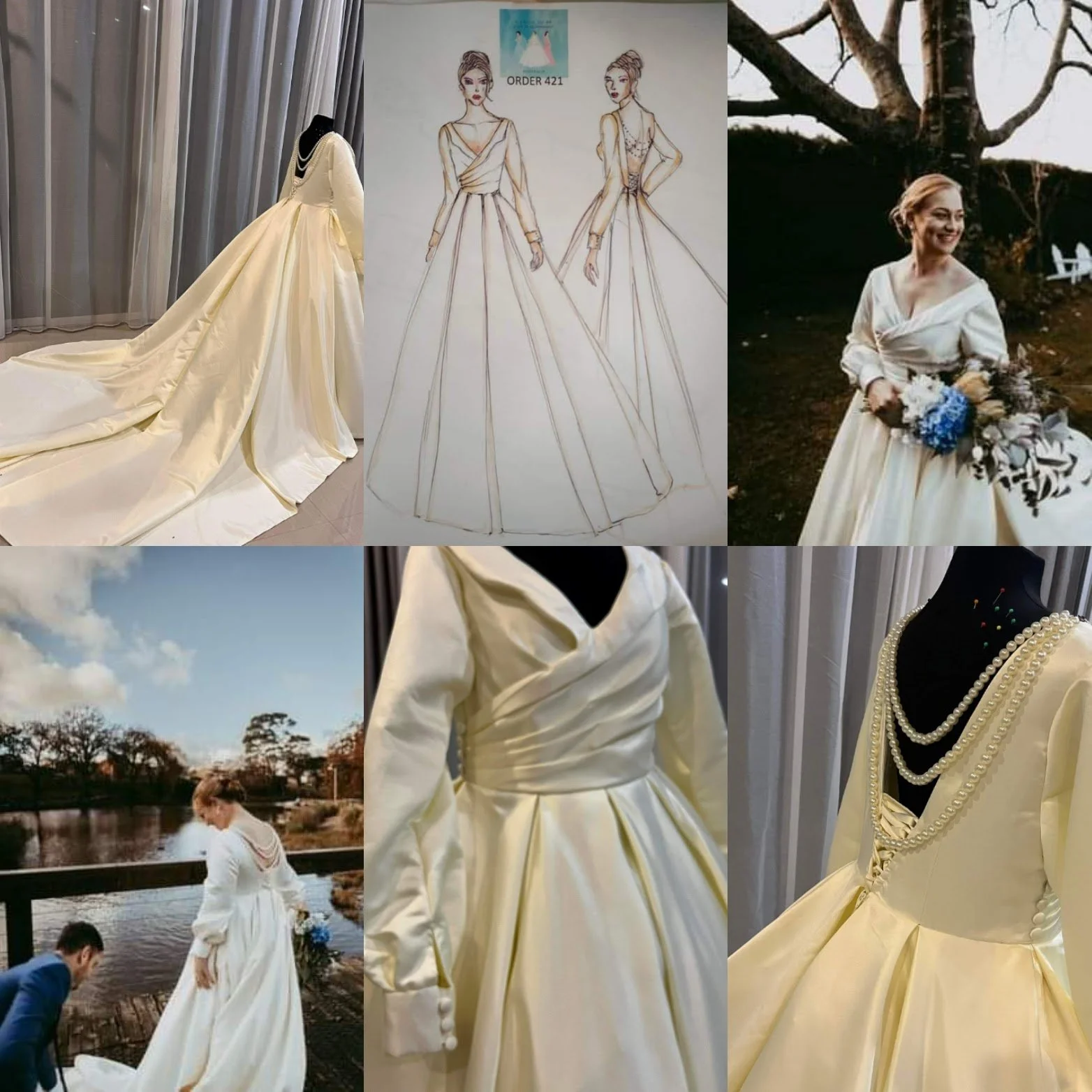 Order 421 Ivory Princess Wedding Dress Cathedral Train With Pearl Back ,Sleeves, With Matching Pearl Veil and Pockets