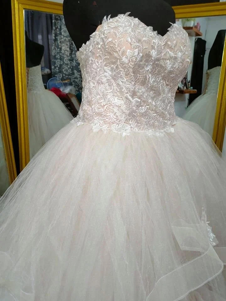 Order 368 Ivory Blush Gold Ruffle Skirt Princess Wedding With Floral Laces With Pockets and Matching Veil