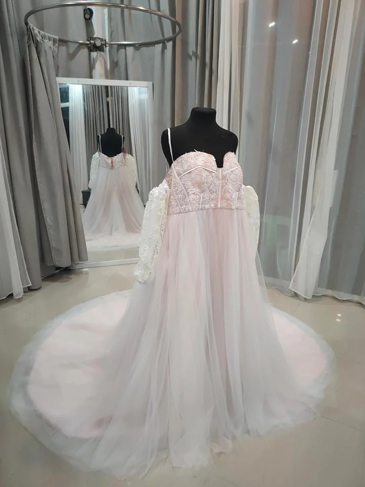 Order 338 Blush Boho Wedding Dress With Removable Sleeves, Pockets and Matching Veil