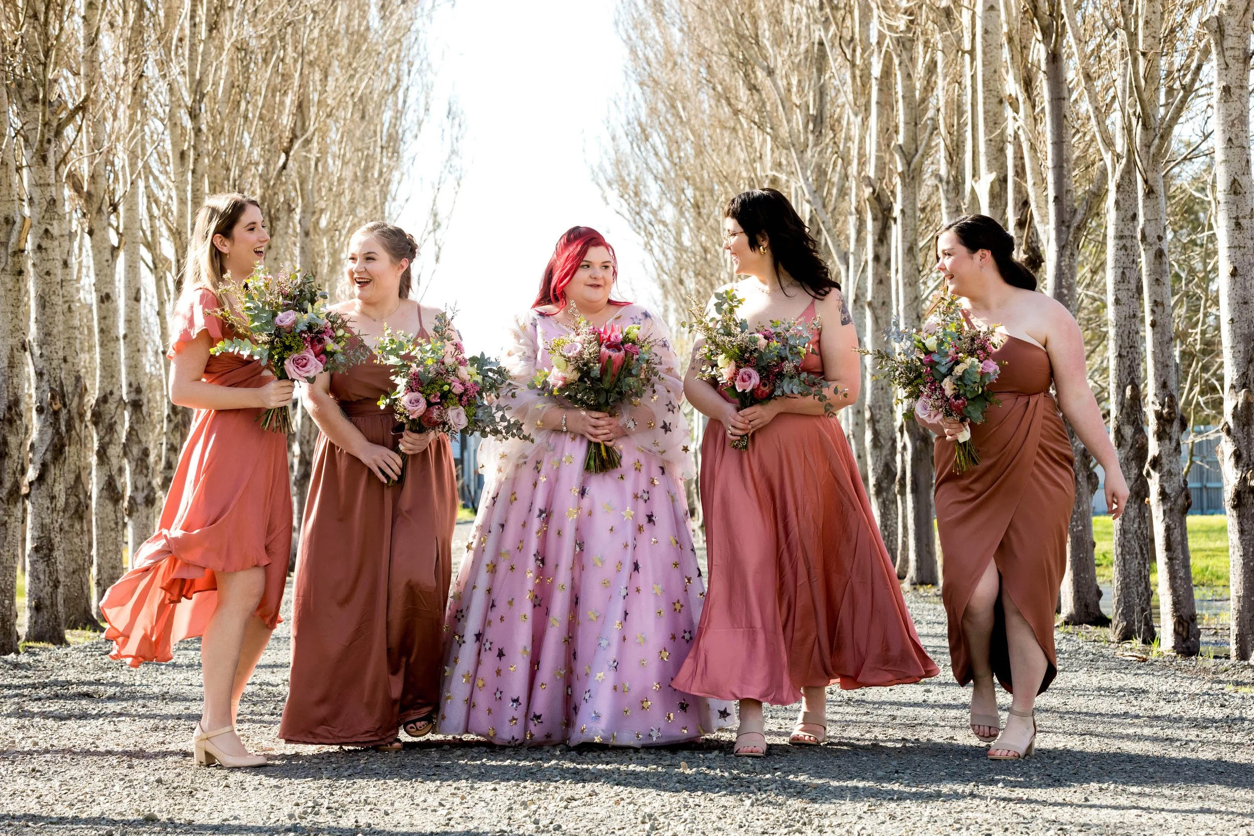 Order 330 Star Lace Celestial Pink Blush Boho Wedding Dress With Sleeves, Pockets and Matching Veil