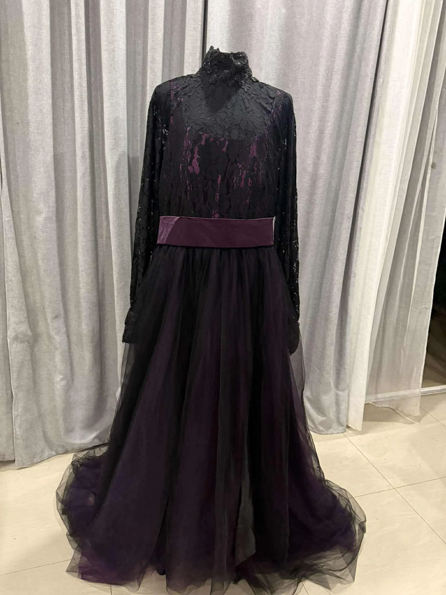 Order 618 Collared Black and Purple Long Sleeved Gothic Wedding Dress