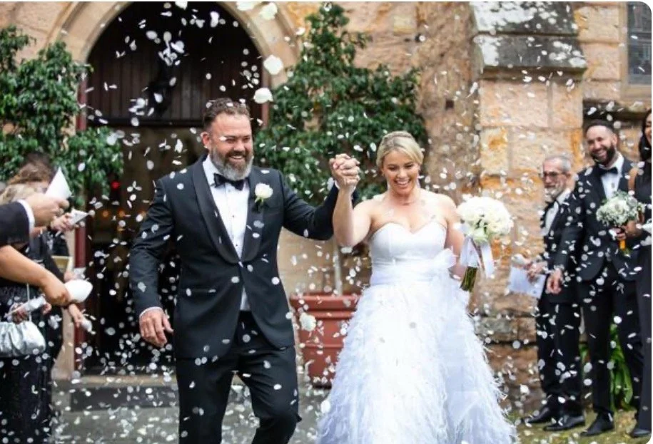 Order 614 Feathered Wedding Dress with Removable Ceremony Skirt and Veil