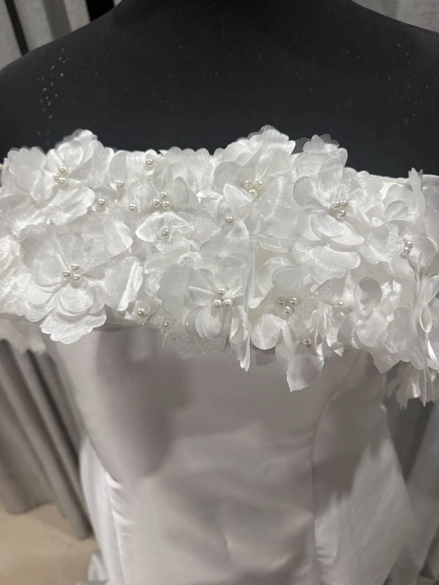 Order 650 – Custom Mikado Wedding Dress Australia | 3D Floral Off-Shoulder Bridal Gown with Matching Pearl Flower Veil