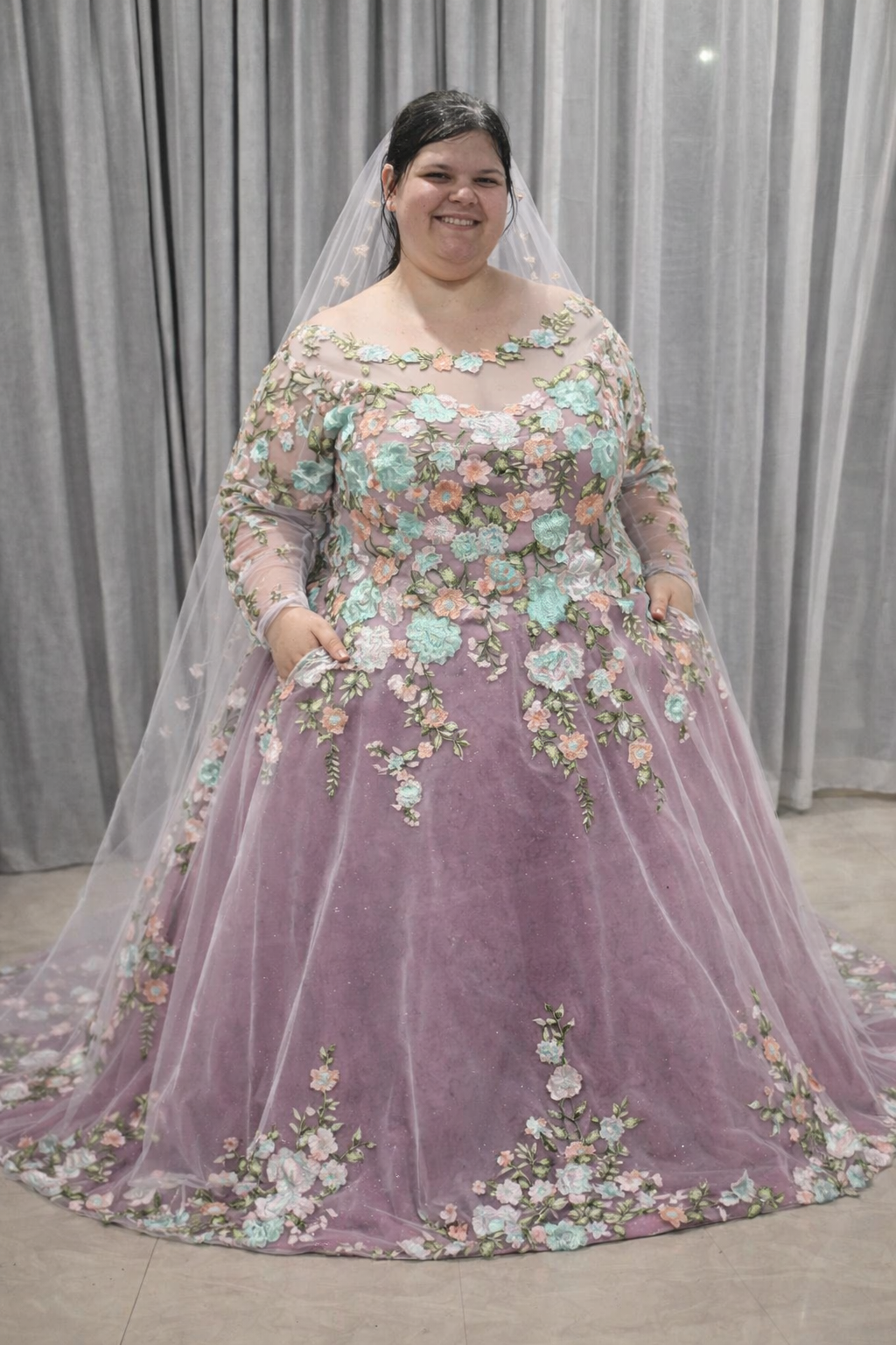 🌸 Order 289 – Mauve Floral Wedding Dress with Hand Appliqué Lace, Sleeves & 2 Metre Train